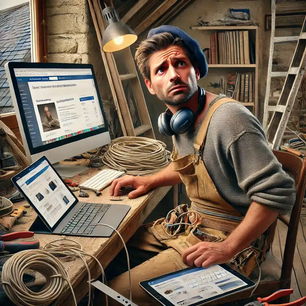 Artisan déboussolé devant plusieurs écrans dans son atelier, confronté aux outils numériques