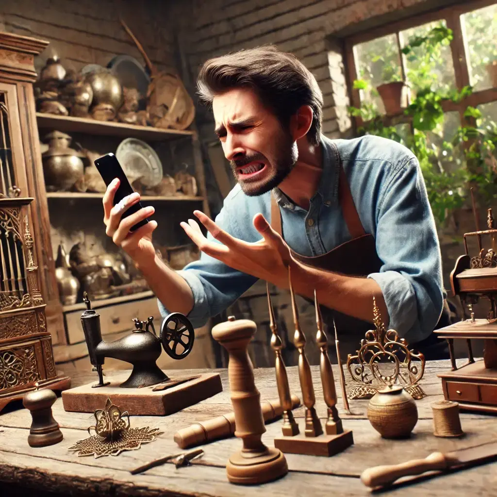 Artisan frustré tenant son téléphone dans son atelier, entouré d'objets faits main