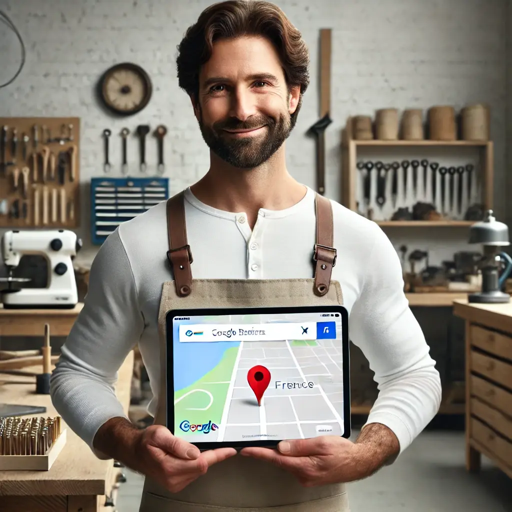 Artisan souriant tenant une tablette affichant sa localisation sur Google Maps