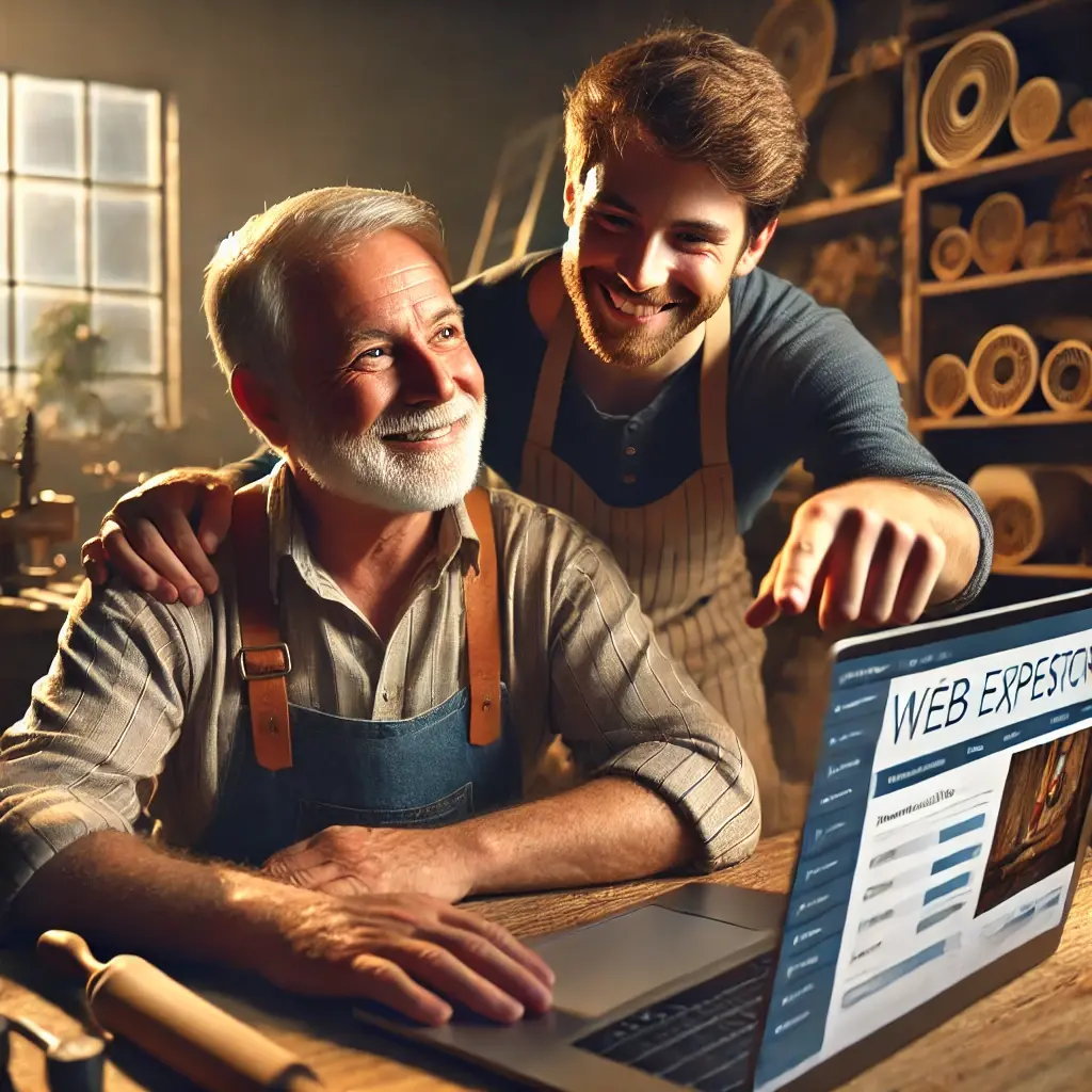 Jeune artisan aidant un artisan expérimenté à créer son site internet dans un atelier chaleureux