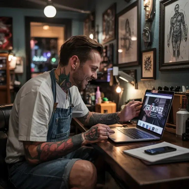 Tatoueur dans son salon découvrant avec enthousiasme le site web artisanal créé pour lui sur son MacBook