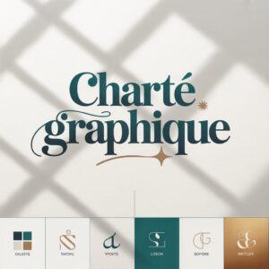 Illustration de charte graphique avec une typographie élégante et une palette de couleurs vert émeraude, beige et doré. Icônes en bas représentant la palette, la typographie, le logo, les symboles et le branding.