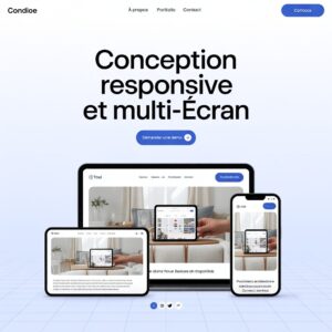Maquette d’un site web nommé Condioe mettant en avant la conception responsive multi-écran, avec un visuel de site affiché sur tablette, smartphone et ordinateur.