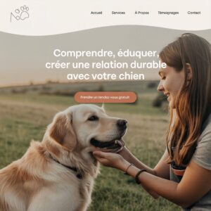 Page d’accueil d’un site d’éducateur canin comportementaliste, avec une femme souriante interagissant avec un golden retriever dans un champ, au coucher du soleil. Menu intégré en haut, slogan central en blanc et bouton d’appel à l’action terracotta : "Prendre un rendez-vous gratuit".