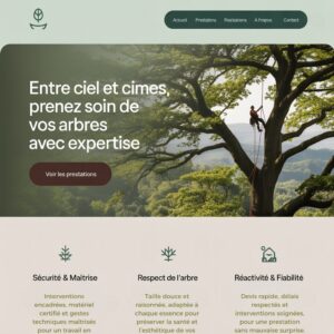 Page d’accueil d’un site d’élagueur grimpeur, avec en-tête montrant un arboriste suspendu dans un grand arbre, et une section mettant en valeur trois engagements clés : Sécurité & Maîtrise, Respect de l’arbre, Réactivité & Fiabilité, accompagnés d’icônes et de courtes descriptions.