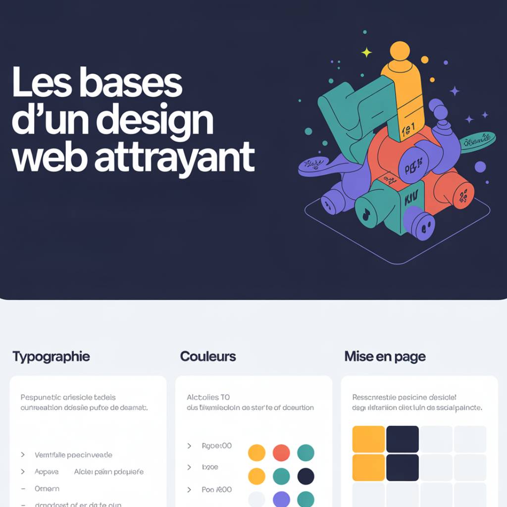 Visuel illustrant les bases d’un design web attrayant, avec une mise en page colorée, une typographie moderne, des palettes de couleurs et une composition graphique ludique en 3D.