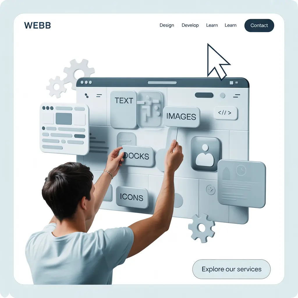 Homme réorganisant les éléments d'une interface web pour mettre à jour un site facilement sans tout casser