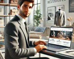 Homme élégant en costume consultant un site de tailleur artisanal sur son ordinateur portable