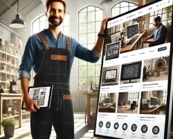 Artisan souriant présentant son site internet sur un grand écran dans son atelier lumineux